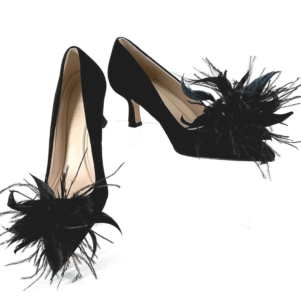 Pelle Moda Size 7.5 Black Suede Ostrich Feather Kitten Heel Pump NEW Kealie $165